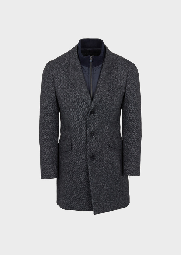 Manteau en laine mélangée unie bleu indigo à parementure amovible - Father and Sons 42020
