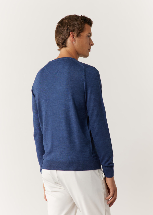 Pull col rond en laine Mérinos mélangée unie bleu chambray - Father and Sons 60971