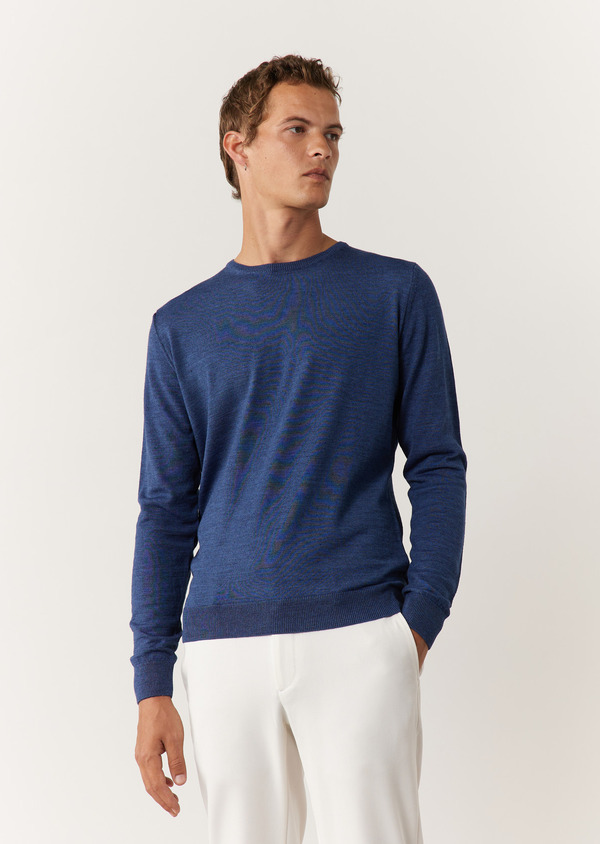 Pull col rond en laine Mérinos mélangée unie bleu chambray - Father and Sons 60970
