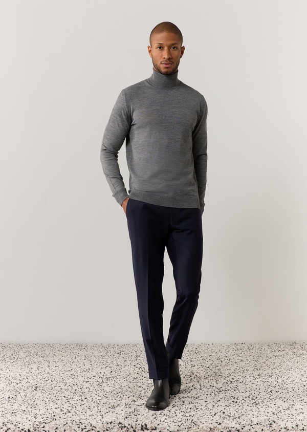 Pantalon coordonnable Slim en laine mélangée unie bleu marine - Father and Sons 60409