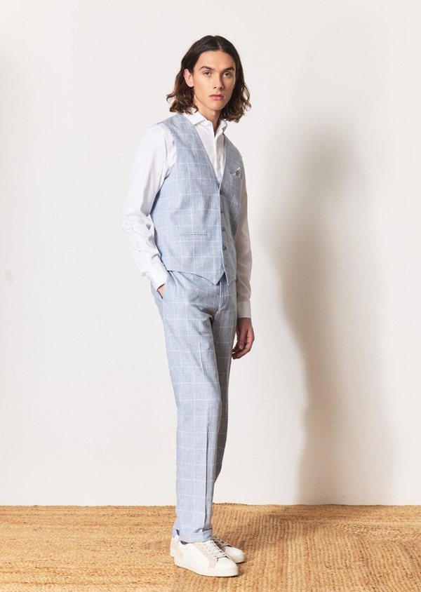 Pantalon coordonnable Skinny en lin et coton bleus Prince de Galles - Father and Sons 57218