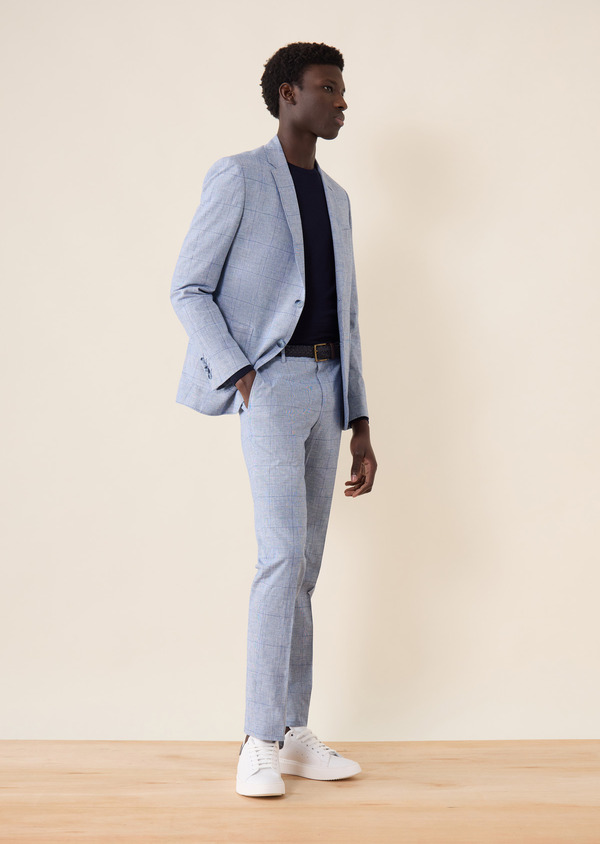 Pantalon coordonnable Slim en coton et lin bleu azur Prince de Galles - Father and Sons 62614