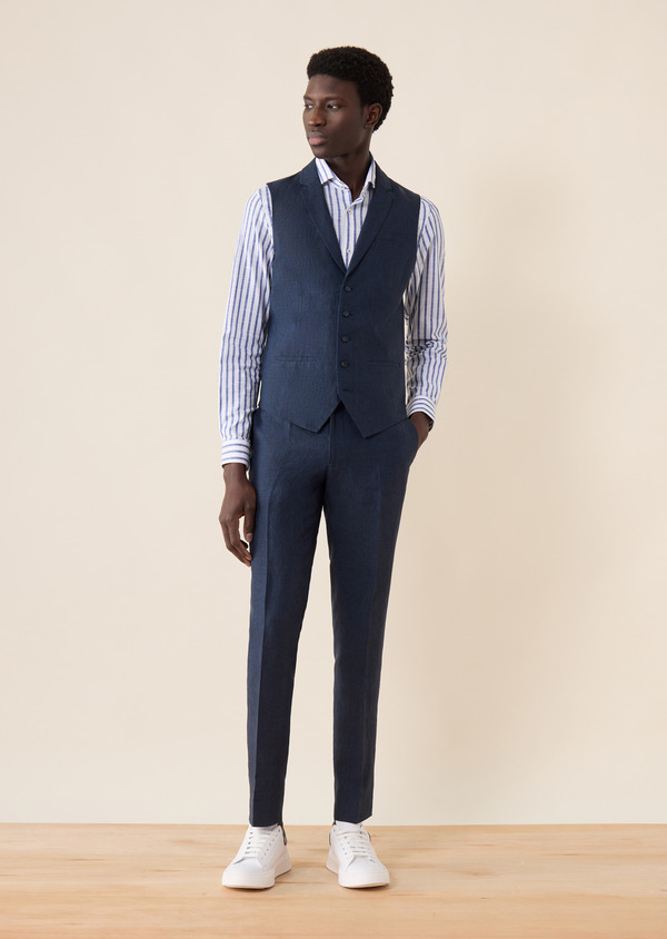 Pantalon coordonnable Slim en lin bleu marine Prince de Galles - Father and Sons 62617