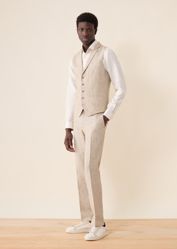 Pantalon coordonnable Slim en lin beige à rayures blanches - Father and Sons 62611