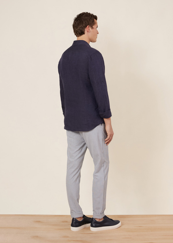 Pantalon casual slack skinny blanc à rayures bleu jeans - Father and Sons 64416