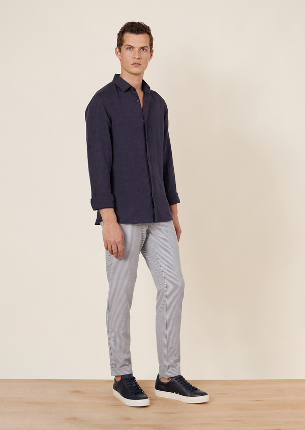 Pantalon casual slack skinny blanc à rayures bleu jeans - Father and Sons 64415