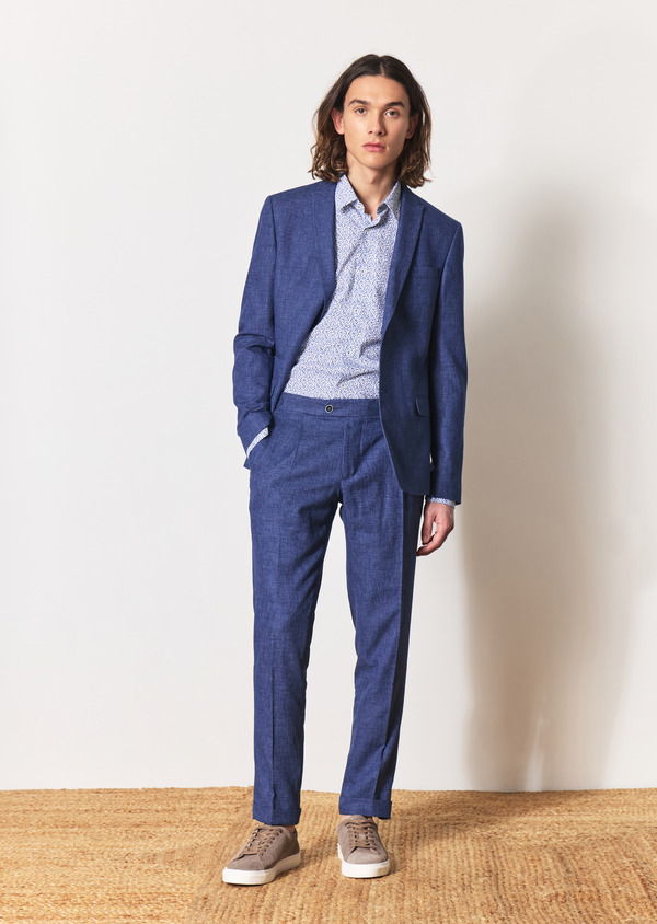 Pantalon coordonnable Slim en coton et lin mélangés unis bleu jeans - Father and Sons 55355