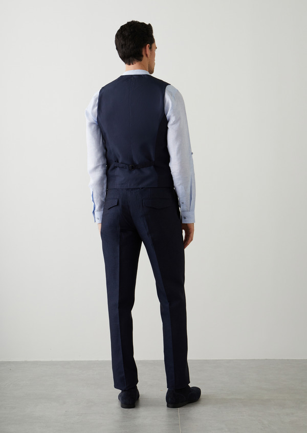 Pantalon coordonnable slim en coton et lin unis bleu marine - Father and Sons 45863