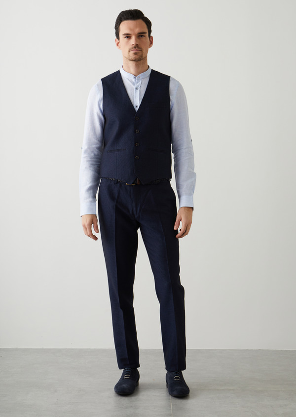Pantalon coordonnable slim en coton et lin unis bleu marine - Father and Sons 45861
