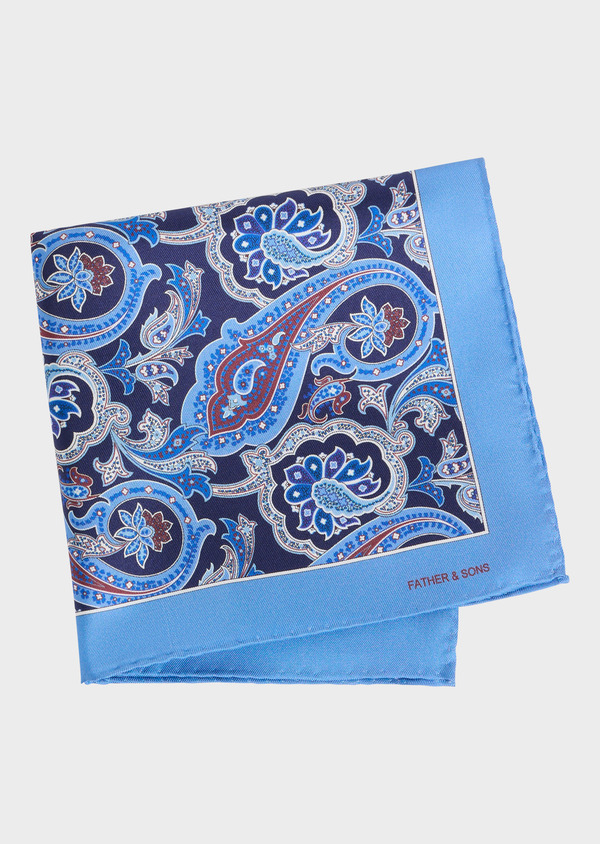 Pochette en soie bleu marine à motif cachemire bleu cobalt et bordeaux - Father and Sons 54568