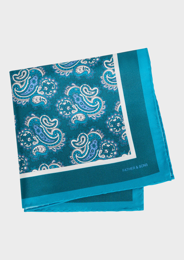 Pochette en soie bleu prusse à motif cachemire blanc et bleu - Father and Sons 54567