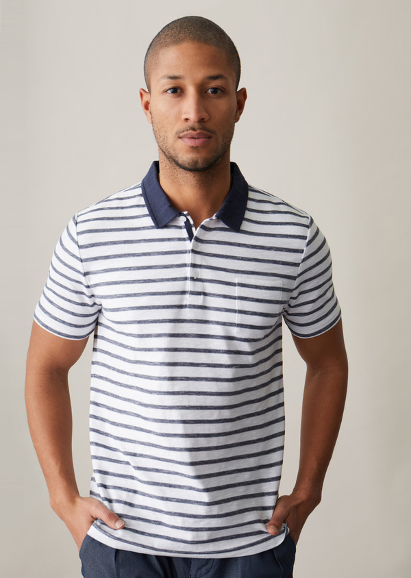 Polo manches courtes Slim en coton blanc à rayures bleues - Father and Sons 45799