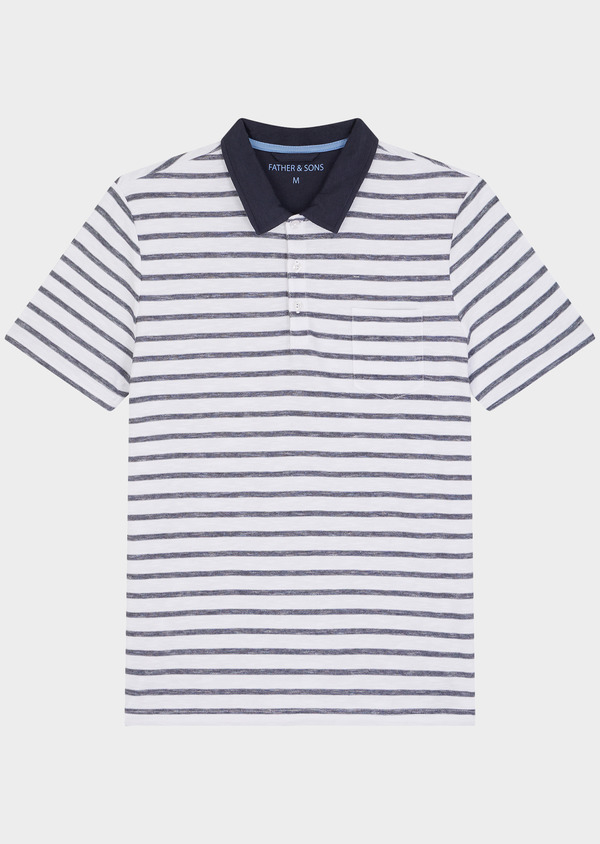 Polo manches courtes Slim en coton blanc à rayures bleues - Father and Sons 45800