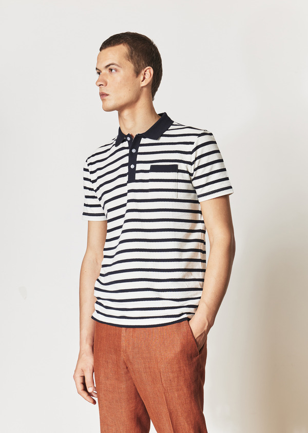 Polo manches courtes Slim en coton stretch blanc à rayures bleu marine - Father and Sons 54408