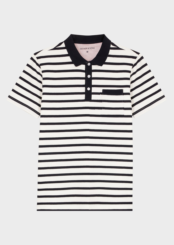 Polo manches courtes Slim en coton stretch blanc à rayures bleu marine - Father and Sons 54411