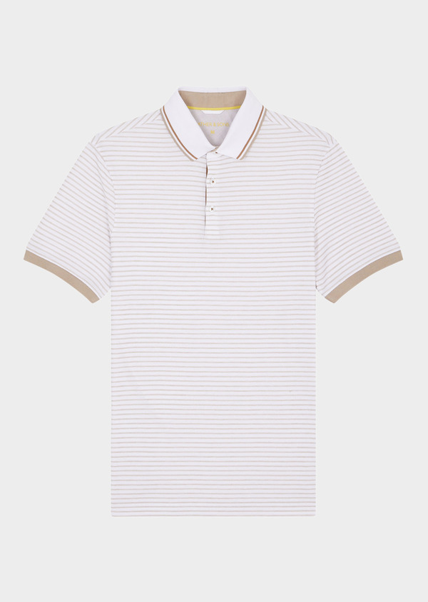 Polo manches courtes Slim en coton blanc à rayures camel - Father and Sons 63341