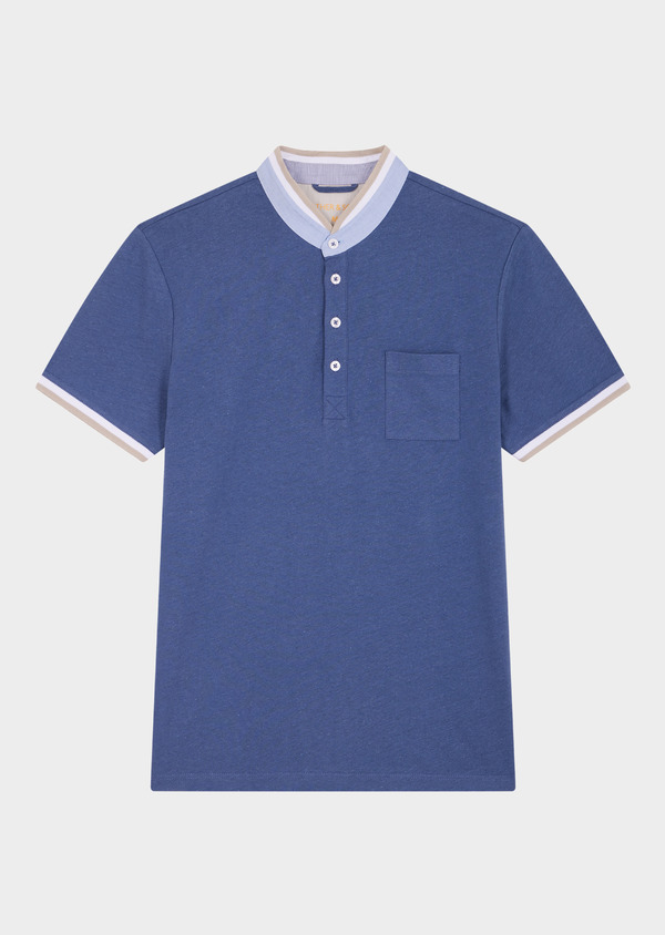 Polo manches courtes Slim en coton et lin unis bleu indigo - Father and Sons 48063