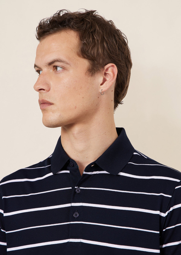 Polo manches courtes Slim en coton bleu marine à rayures blanches - Father and Sons 64441
