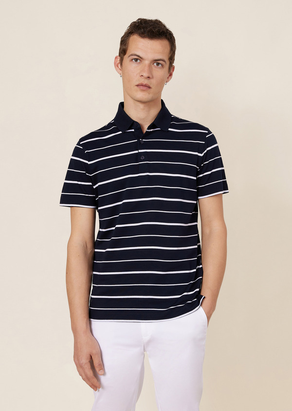 Polo manches courtes Slim en coton bleu marine à rayures blanches - Father and Sons 64439