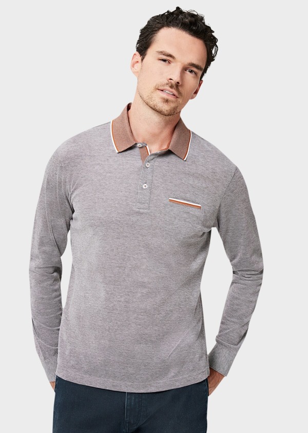 Polo manches longues Slim en coton uni taupe - Father and Sons 42488
