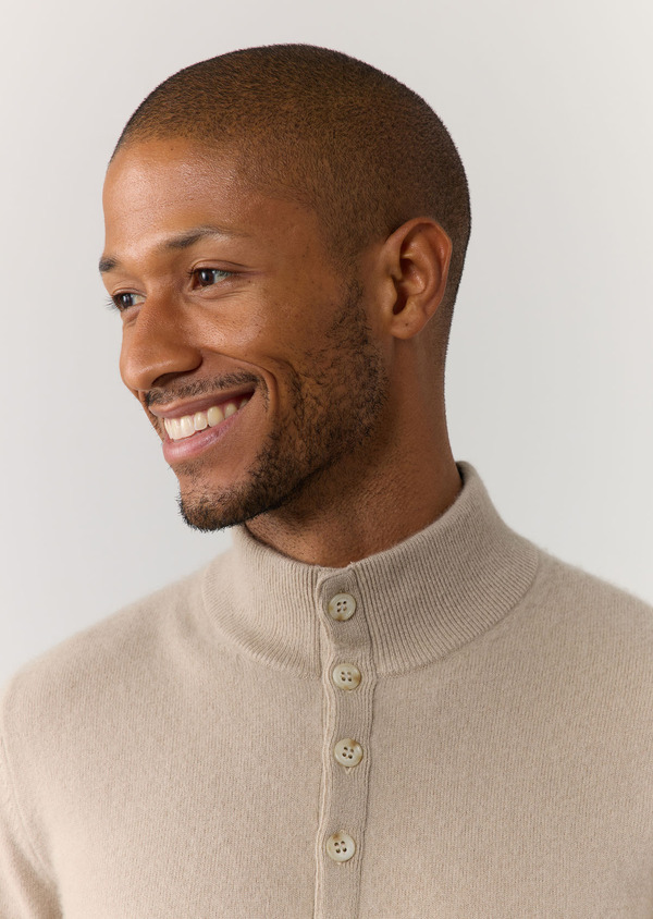 Pull col boutonné en cachemire uni beige - Father and Sons 60433