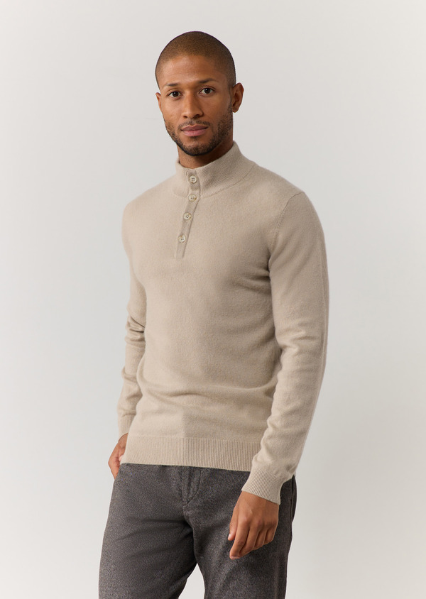 Pull col boutonné en cachemire uni beige - Father and Sons 60431
