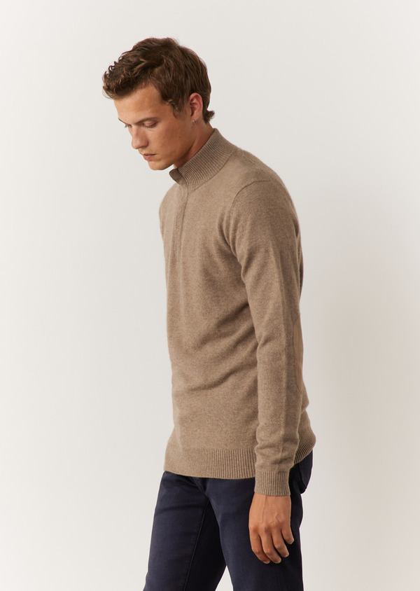 Pull col zippé en cachemire uni taupe clair - Father and Sons 61007