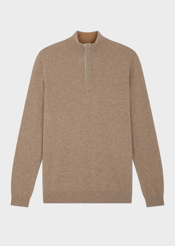 Pull col zippé en cachemire uni taupe clair - Father and Sons 61010