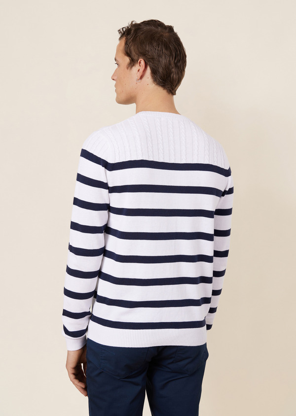 Pull col rond en coton blanc à rayures bleu marine - Father and Sons 64609