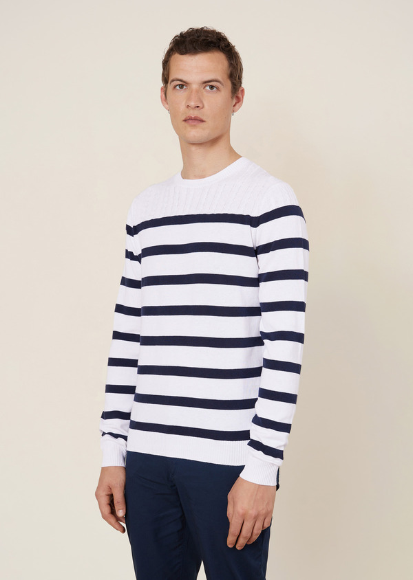 Pull col rond en coton blanc à rayures bleu marine - Father and Sons 64608