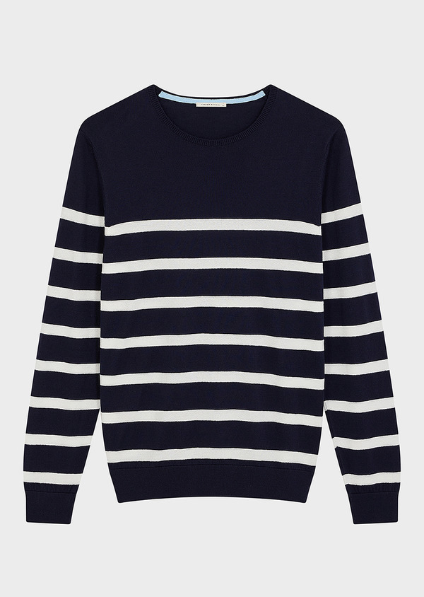 Pull col rond en coton bleu marine à rayures blanches - Father and Sons 63499