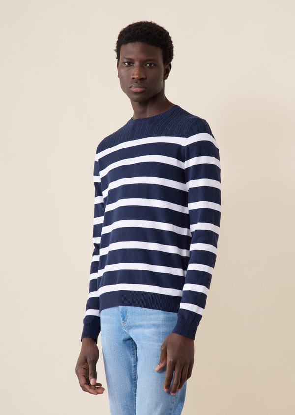 Pull col rond en coton bleu marine à rayures blanches - Father and Sons 63035