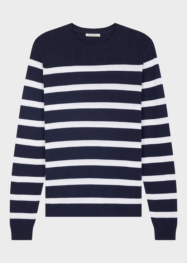 Pull col rond en coton bleu marine à rayures blanches - Father and Sons 63038