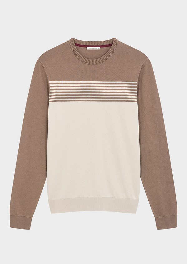 Pull col rond en coton taupe à rayures beiges - Father and Sons 63495