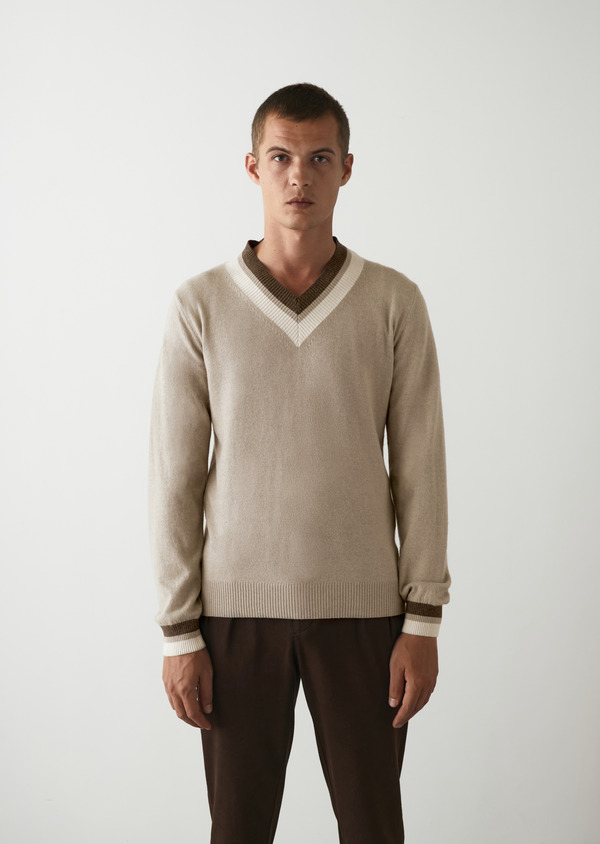 Pull col V uni beige - Father and Sons 49501