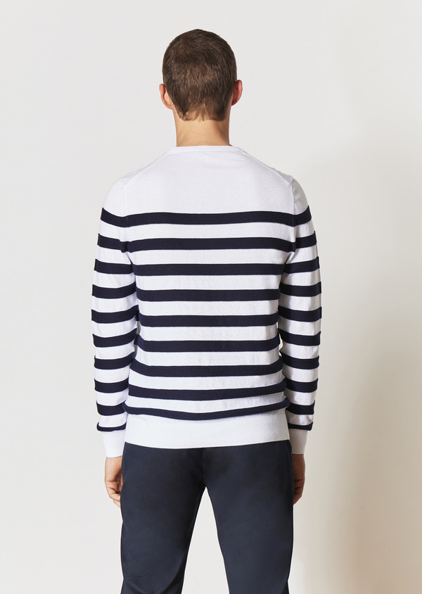 Pull col rond en coton blanc à rayures bleu marine - Father and Sons 54521