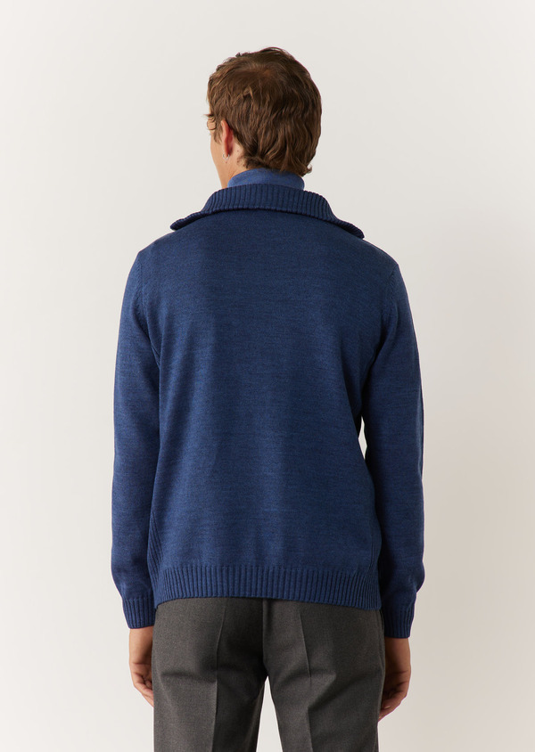 Pull col zippé en laine Mérinos mélangée unie bleu jeans - Father and Sons 60870