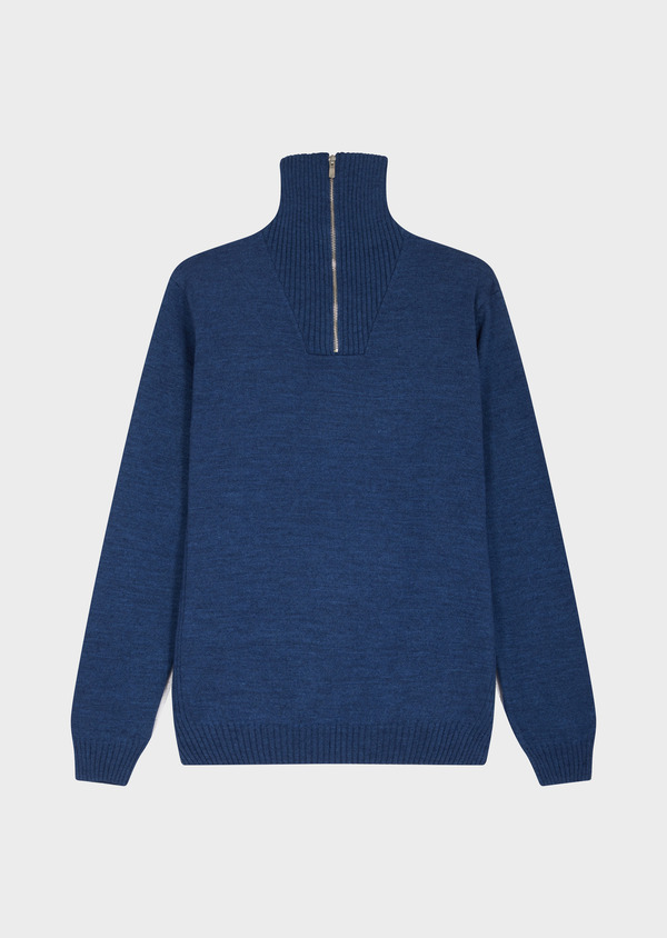 Pull col zippé en laine Mérinos mélangée unie bleu jeans - Father and Sons 60872