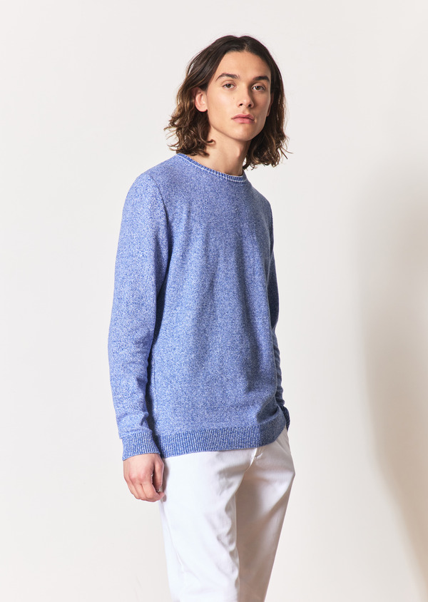 Pull col rond en coton et lin unis bleu chambray - Father and Sons 54508