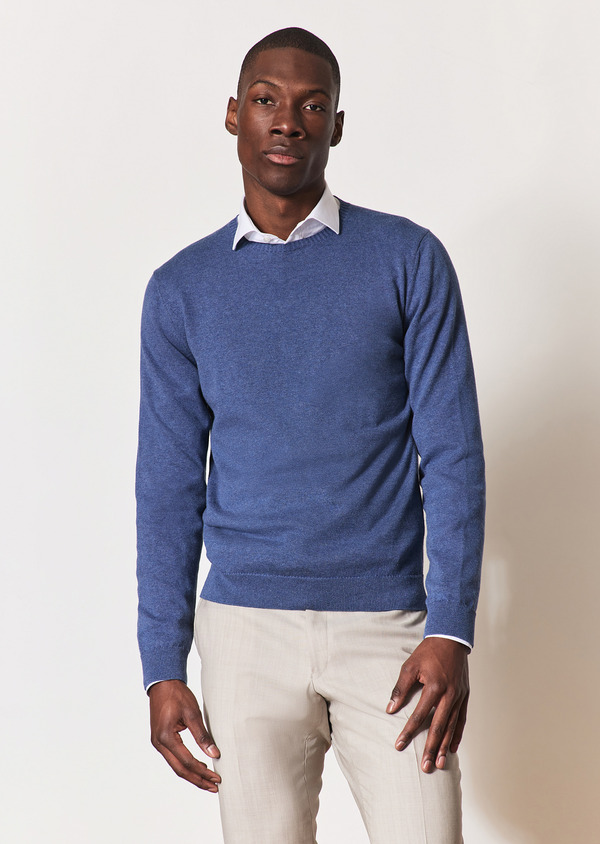 Pull col rond en coton uni bleu chambray - Father and Sons 55783