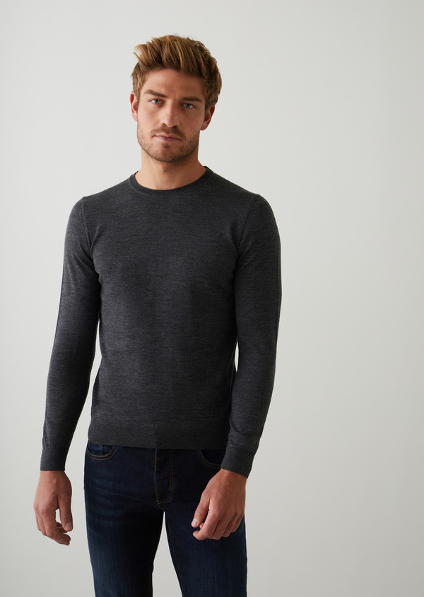 Pull col rond en laine Mérinos unie grise - Father and Sons 45957