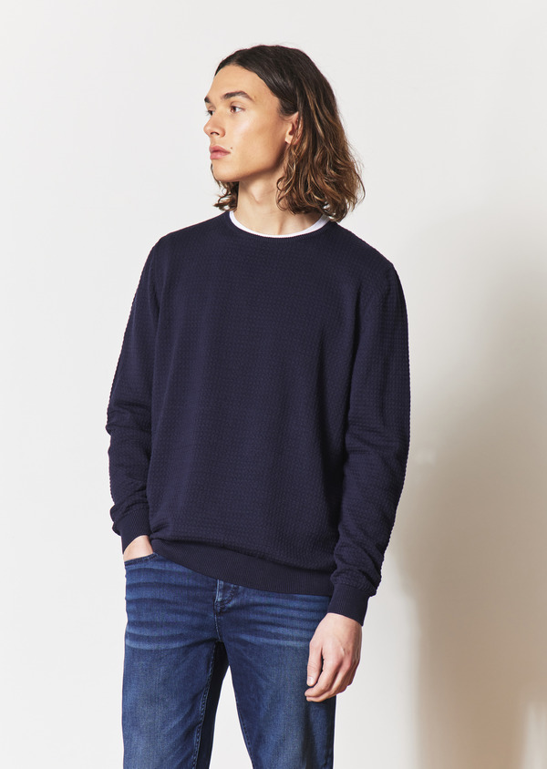 Pull col rond en coton uni bleu marine - Father and Sons 55572
