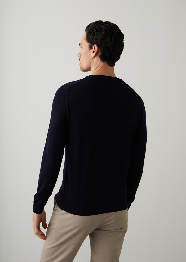 Pull col rond en laine Mérinos unie bleu marine - Father and Sons 45702