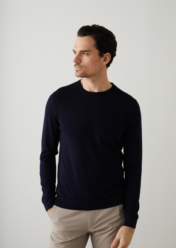 Pull col rond en laine Mérinos unie bleu marine - Father and Sons 45701