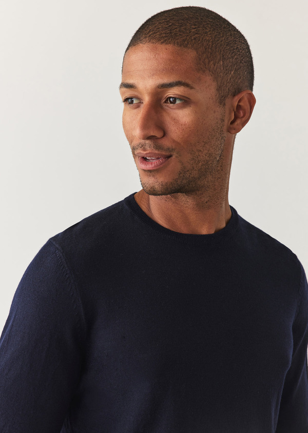 Pull col rond en laine Mérinos unie bleu marine - Father and Sons 57702