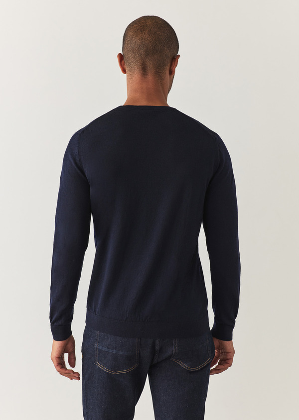 Pull col rond en laine Mérinos unie bleu marine - Father and Sons 57701