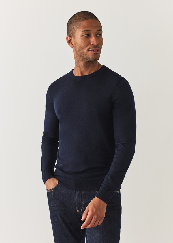 Pull col rond en laine Mérinos unie bleu marine - Father and Sons 57700