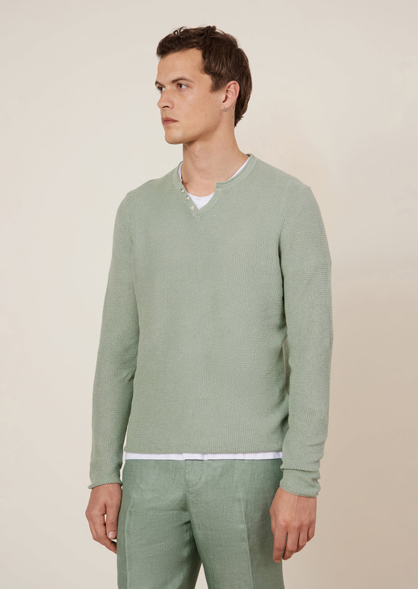Pull col tunisien en coton et lin unis verts - Father and Sons 64616