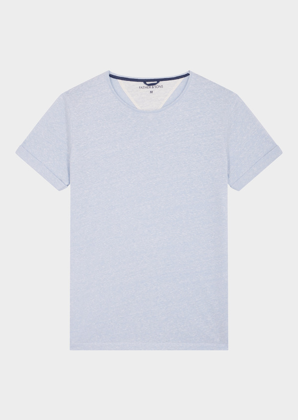 Tee-shirt manches courtes en coton et lin col rond bleu pâle à rayures sable - Father and Sons 46443