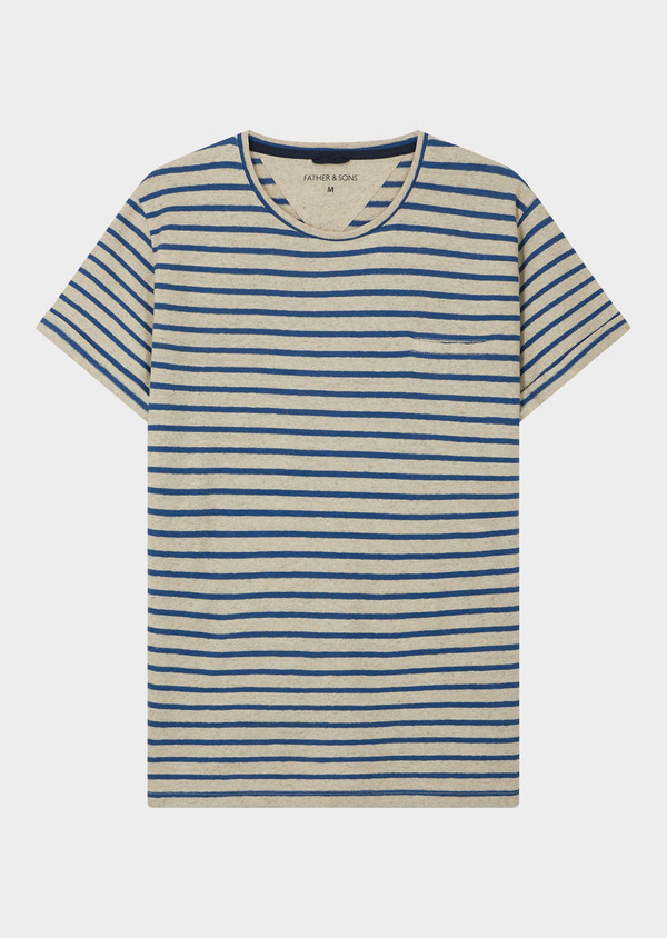 Tee-shirt manches courtes en lin et coton col rond écrus à rayures bleues - Father and Sons 46031